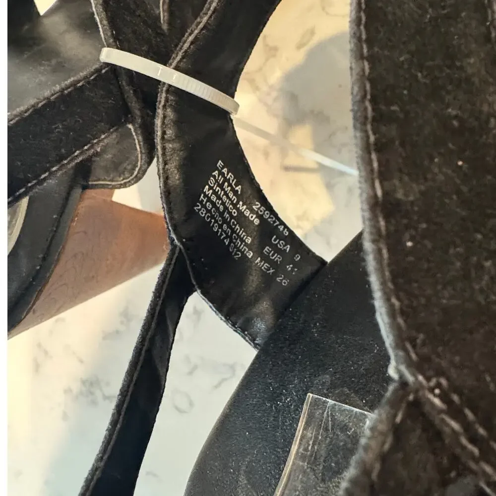 l.e.i. Black Faux suede sandals heels 90s Y2K size 9 it girl bohemian neutral